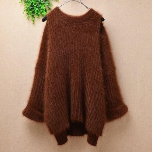 Female women winter clothing thick warm hairy mink cashmere knitted striped off shoulder sleeves loose pullover angora sweater