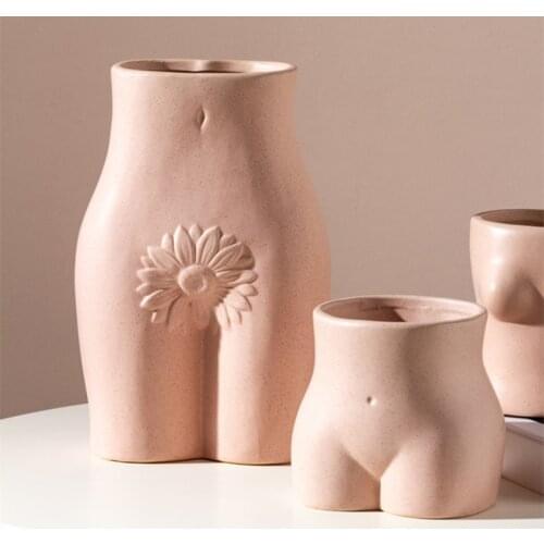 Pink Body Shaped Vase Small Ceramic Vase with Artistic Chest and Buttocks Net Red Ins Mini Flowerpot Decoration