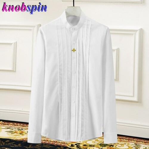 Hand-cut Gold Bee Embroidery Shirt men Fashion long-sleeved Slim mens shirt High quality Business male Chemise Plus size M-4XL