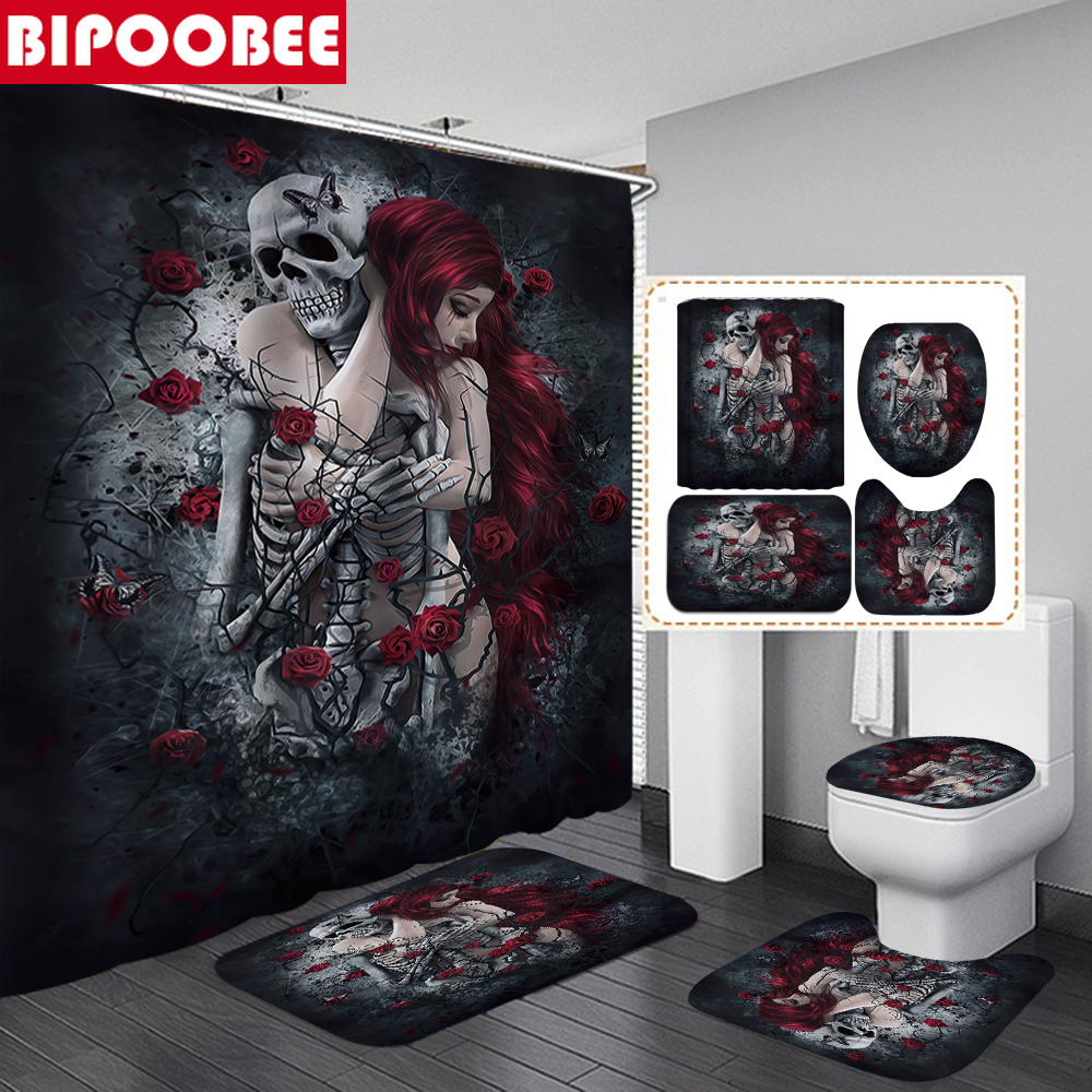 Sexy Teenage Girl Hugging Skull Shower Curtain Set Skeleton Lover Bathtub Curtains Toilet Cover and Bath Mat for Bathroom Decor