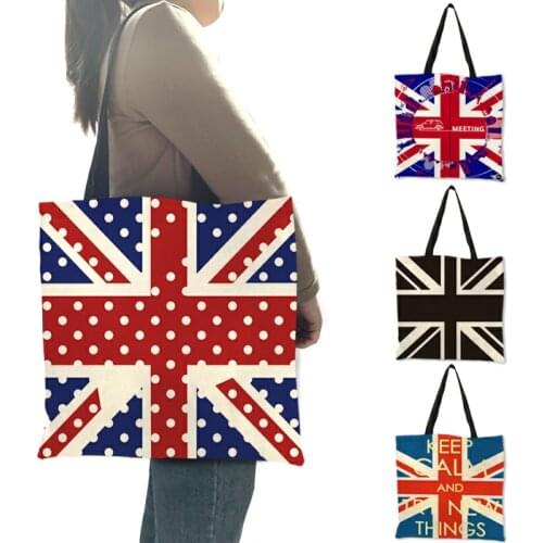 Blue Red Color Linen Female Hand Bag English Flag with Letter Printed Shoulder Bag Double Use Casual Tote Bags Bolsa Femina