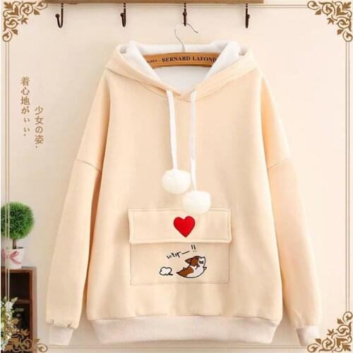 Women New Winter Sweatshirt Velvet Hooded Female Cute Tide Student Kawaii Thickened Hoody Love Puppy Loose All-match Jacket