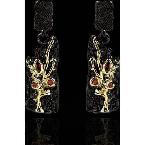 CHARLINLIOL Vintage Black Gold Color Branches Style Ruby Drop Earrings Real 925 Silver Pendant Dangle Costume Jewelry for Women