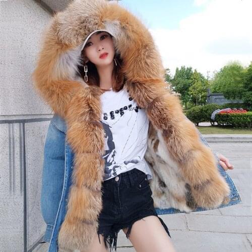2020 new Casual winter jacket women Holes denim jacket fur coat real Fox fur collar warm Rabbit fur Liner parka