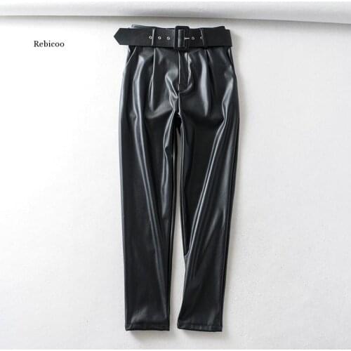 Women Black Faux Leather Suit Pants High Waist Pants Sashes Pockets Office Ladies Pu Leather Trousers