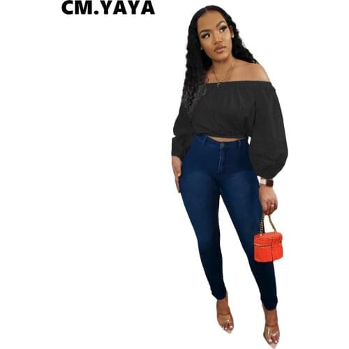 CM.YAYA Women T-shirts Solid Full Lantern Sleeve Off Shoulder Slash Neck Elastic Loose Crop Tees Tops Fashion Streetwear Fall