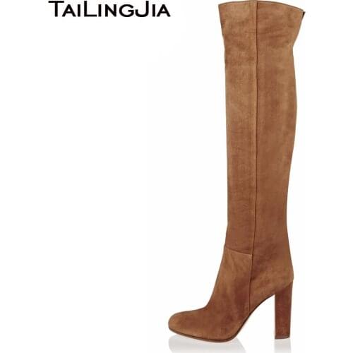 Female Large Size Footwear Brown Faux Suede Winter Shoes Ladies 2020 Round Toe Chunky High Heel Tan Over The Knee Woman Boots
