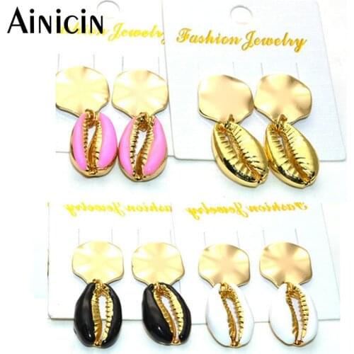 High Quality Gold Plating Shell Drop Dangle Earrings Black White Pink Enamal Fashion Women Party Gift Summer Jewelry