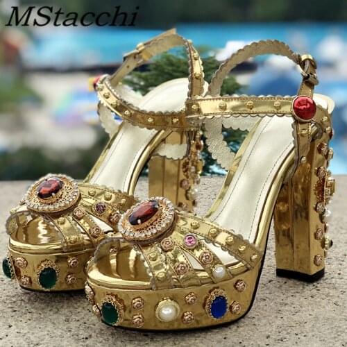 MStacchi Women Chunky High Heels Platform Sandals For Women Rhinestone Metallic Gold Leather Shoes Woman Peep Toe Wedding Shoes