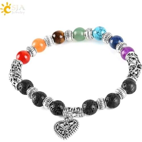 CSJA 7 Chakra Rainbow Bracelets Heart Pendant Boho Female Vintage Jewelry Purple Crystal Red Onyx Reiki Healing Yoga Mala E281