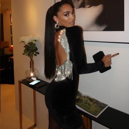 High Neck Hot Sexy Black Open Back With Tassel Celebrity Event Party Chic Sparkly Women Diamond Dress Velvet Vestido
