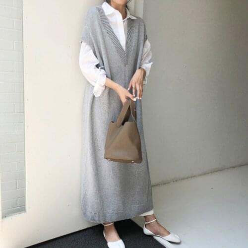 2021 Autumn Japanese Style Long Vest Jacket Over The Knee Korean Loose Knit Dress V-neck Solid Color Sleeveless Women New