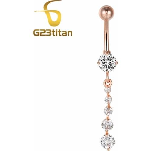 G23titan Sex Women Beach Jewelry Long Rose Gold Color Crystal Dangle Belly Button Rings Stainless Steel Navel Piercing Jewelry