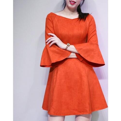 Autumn Winter New Fashion Women Customize Made Plus Size 3XS-10XL Suede Dress Ladies Elegant High Waist Flare Sleeves Dresses