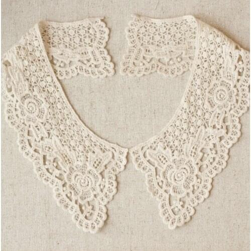 1 Pair Beautiful 100% Cotton False Collar Beige Flower Laciness Trim Handmade Diy Clothes Accessories Neckline Lace
