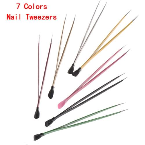 1Pcs 2 Heads Straight Nail Tweezers With Silicone Pressing Head Metal Nails Tools 7 Colors for Choose