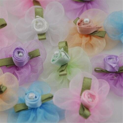40pcs U Pick Organza ribbon flower W/pearl wedding/sewing/appliques Lots B037
