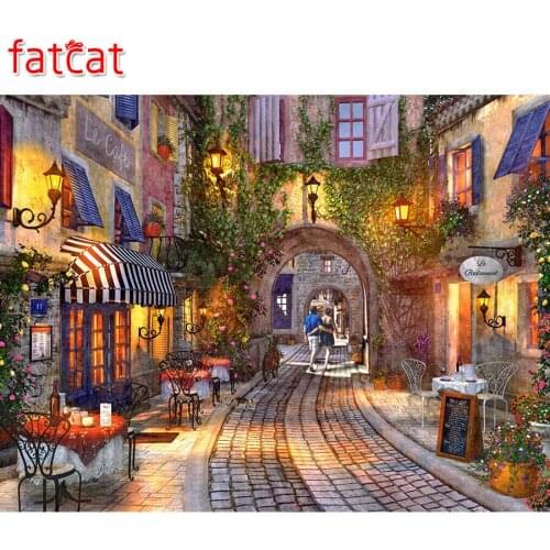 FATCAT 5d DIY Diamond Painting Romantic town street Diamond Embroidery Cross Stitch Mosaic Sale landscape Needlework AE1111