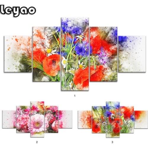 Poppy Diamond painting multi-picture Wall Art diamond embroidery 5 Pieces Flower Bouquet Abstract For Living Room Home Decor