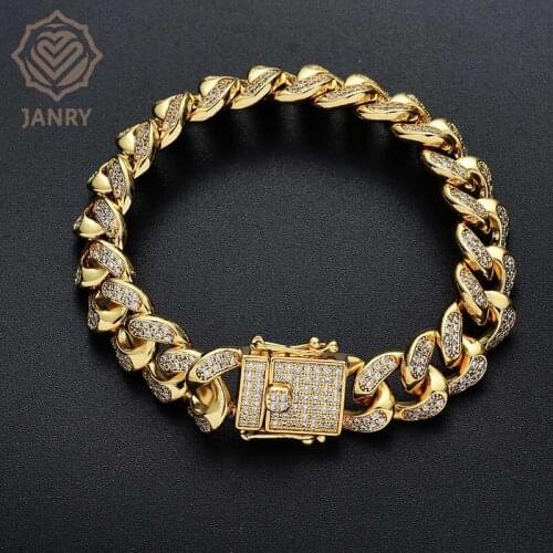 JANRY 12MM High Quality Cubic Zircon Cuban Link Bracelet Bling Hip hop Jewelry Copper Iced Cuban Chain For Women Men Gift