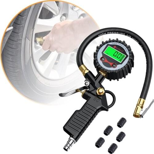 Digital Tire Pressure Gauge Tire Inflator Gauge 200 PSI with 5 Black Valve Caps Tire Pressure Gauge