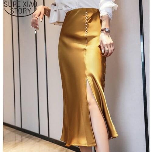 Elegant Split A-line Skirt Summer Skirts High Waist Single-breasted Women Satin Skirts 2021 Luxury Solid Falda Femme Skirt 13382