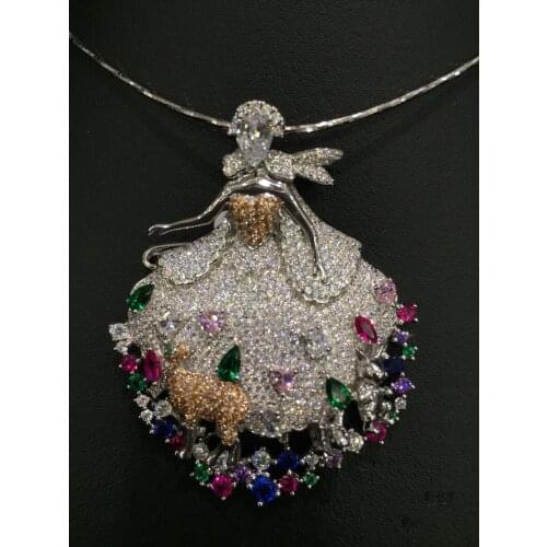 Figure princess brooch 925 sterling silver pendant and brooch double use dress with deer and rabbit cute fine women girl jewel