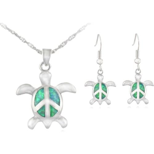 Hot Sale Pretty White/Blue/Green Fire Opal Turtle Sets With Necklace Pendant Earrings TZOP451