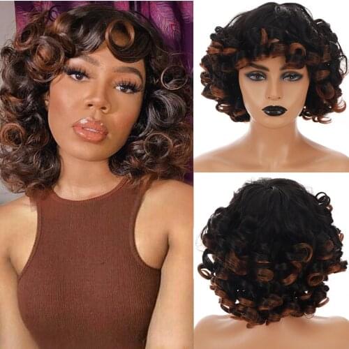 HOUYAN Short curly hair synthetic black female black brown wig African wig with bangs natural female hair accessories