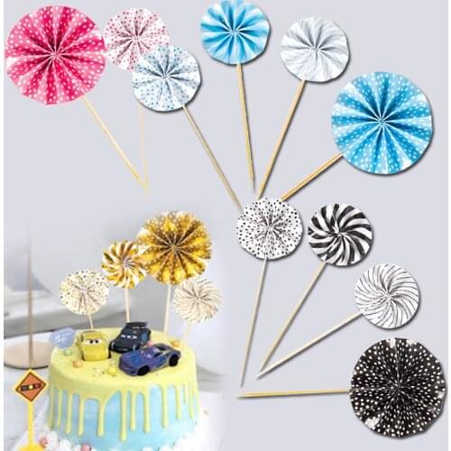 Round Folding Fan Birthday Cake Topper Dot Heart Paper Fan Cake Insert Wedding Party Dessert Table Decor Supplies
