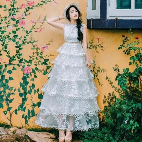 Summer Lace Dress Women Casual Hollow Out Long Maxi Dresses Femme Sexy V-Neck Wrist Sleeve Bach Party Vestido