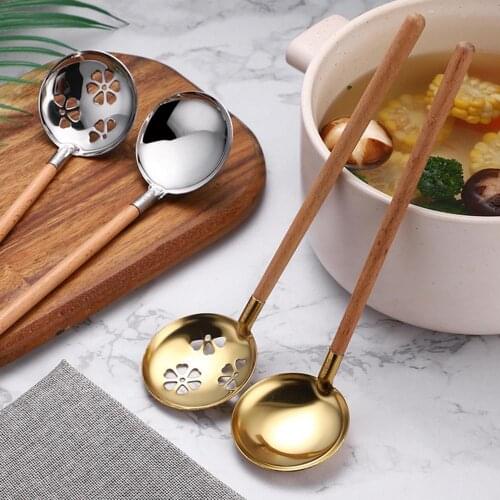 Soup Spoon Colander Spoon Stainless Steel Soup Spoon Colander Long Wood Handle Cooking Strainer Kitchen