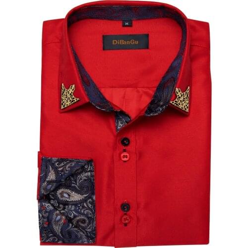 Mens Long Sleeve 100% Cotton Solid Red Black Shirt Casual Paisley Slim Fit Male Social Business Dress Shirt For Men DiBanGu