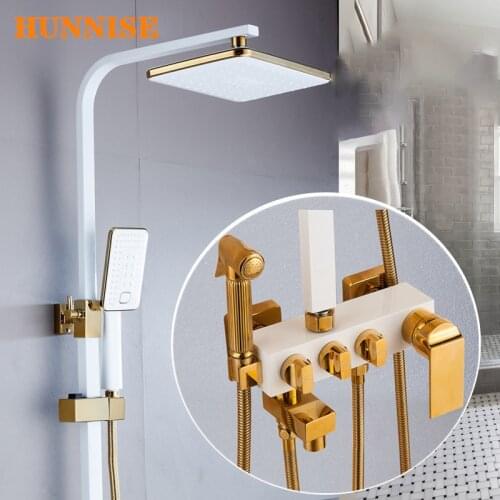 White Gold Shower Set of Copper Bathroom Faucets 8 Inch Rainfall Shower Head Quality Brass Bath Bidet Hot Cold Bath Shower Set