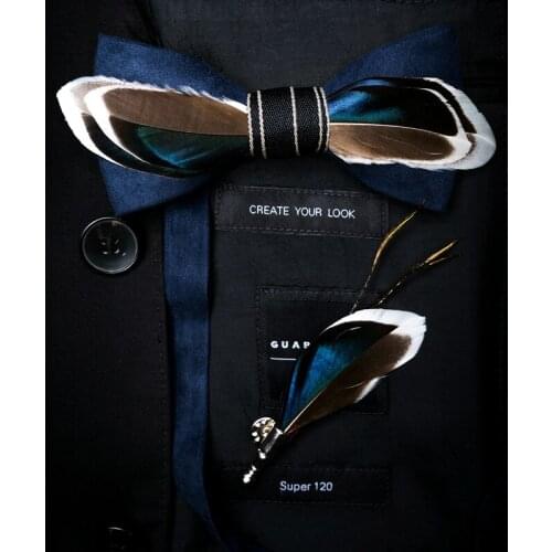 JEMYGINS Handmade Feather Bow Tie and Brooch Set For Men Accessories Mens Luxury Bowtie Breastpin Set with Box For Wedding Gift
