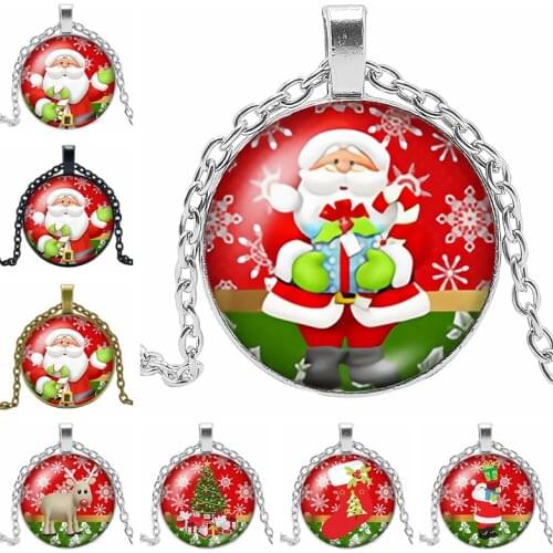 2019 New Santa Claus Gift Necklace Glass Cabochon Pendant Necklace for Childrens New Year Gift