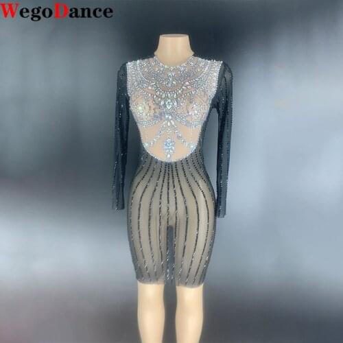 New Women Clothing Black Rhinestones Transparent Dress Long Sleeves Bar Dancer Show Singer Birthday Costume