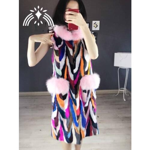 New genuine real natural mink fur vest with fox fur collar womens fashional gilet ladies sexy jacket outwear custom any size