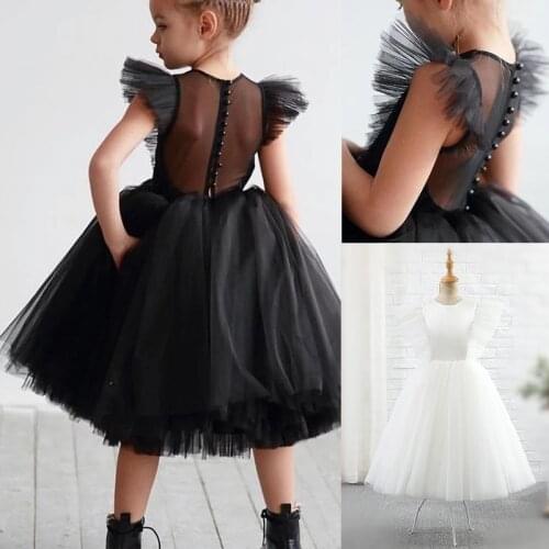Simple Perspective Back Flower Girl Dresses Flare Sleeves Kids Princess Dresses Pearls Communion Dress for Birthday New Year