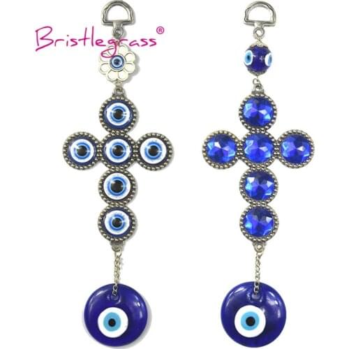 BRISTLEGRASS Turkish Blue Evil Eye Rhinestone Cross Amulets Lucky Charms Wall Hanging Pendants Pendulum Blessing Protection Gift