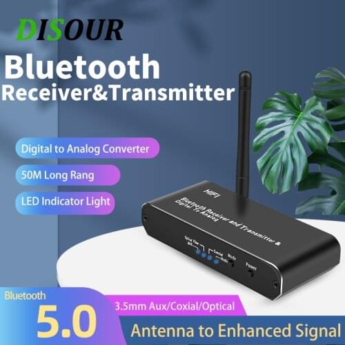 DISOUR DAC Bluetooth 5.0 Transmitter Receiver Digital Audio to Analog Audio Converter AUX Coaxial Optical fiber Wireless Adapter