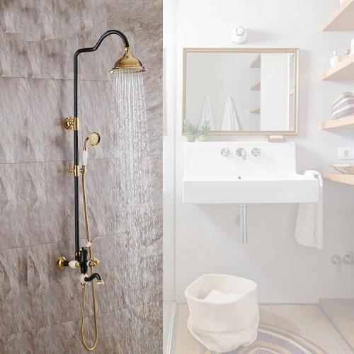 Luxury Black Gold solid brass Bathroom Shower Faucet Set 8" Rain Shower Head + Hand Shower Spray