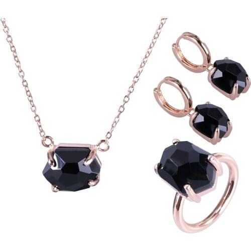 Kayfany 2021 Irregular Wedding Necklace-Earrings-Ring Black Crystal Rose Gold Plated Jewelry Set Women Girlfriends Gift Christma