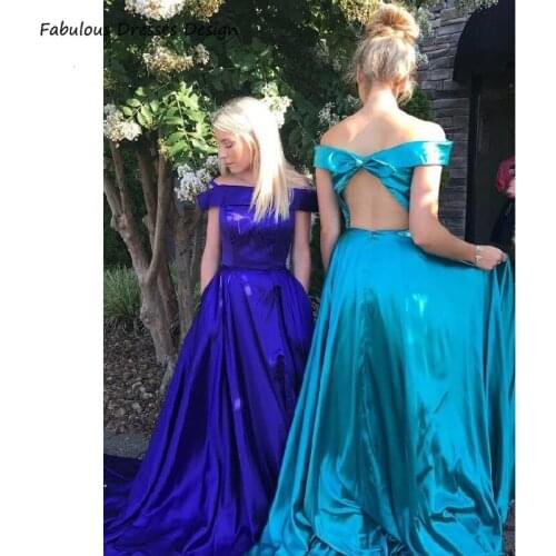 Royal Blue Off Shoulder Prom Dresses Long Backless With Split Bowknot A Line Evening Dress Party For Women فساتين السهرة