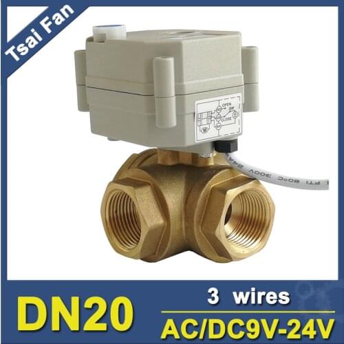 TF20-BH3-B AC/DC9V-24V 3 Wires Brass 3/4'' DN20 3 Way T/L Type Horizontal Flow Control Electric Motorized Ball Valve