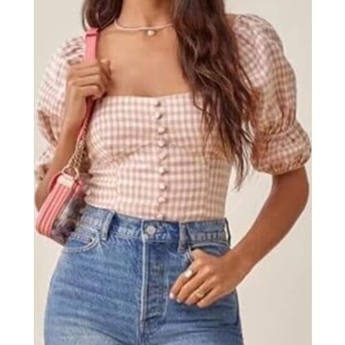 2021 Pink White Check Plaid Print Cropped Shirt Retro Elastic Ruched Back Square Collar Short Sleeve Short Blouse Tank Top