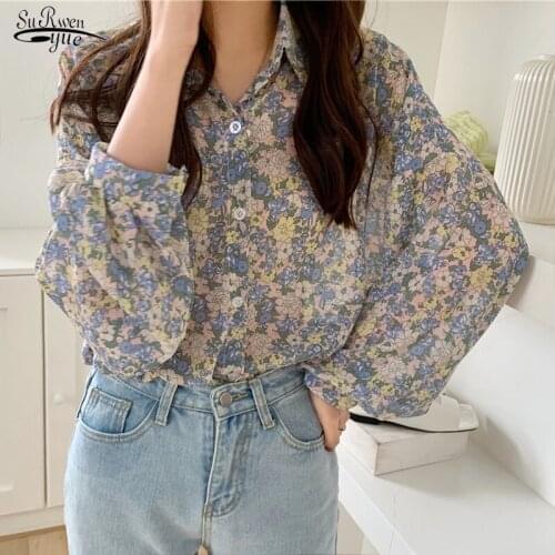 2021 Spring new Casual Chiffon Women Blouse Long Sleeve Women Shirt Print Floral Korean Tops Blusas Cardigan Lady Clothing 10312