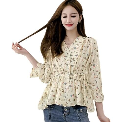 Womens V-Neck Chiffon Shirt Long Sleeve Korean Style Ladies Floral Print Summer Sweet Blouses