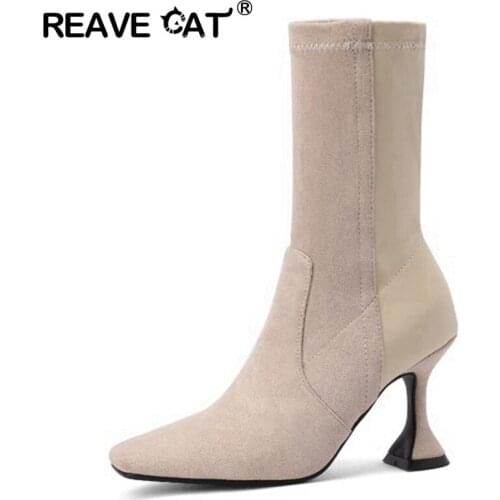 REAVE CAT Sexy Women Ankle Boots Square Toe Thin Heel Stretch Sock Bootie Faux Suede Slip on Big Size 43 Black Brown S2460
