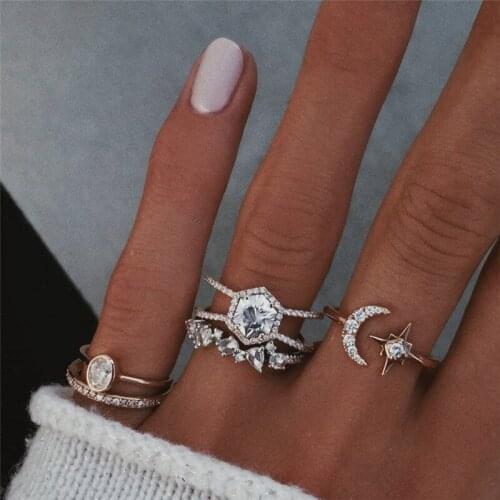 5 Pcs/set Bohemian Shiny Crystal Star Moon Midi Rings for Women Acrylic Geometric Knuckle Rings Set Fashion Jewelry Gifts
